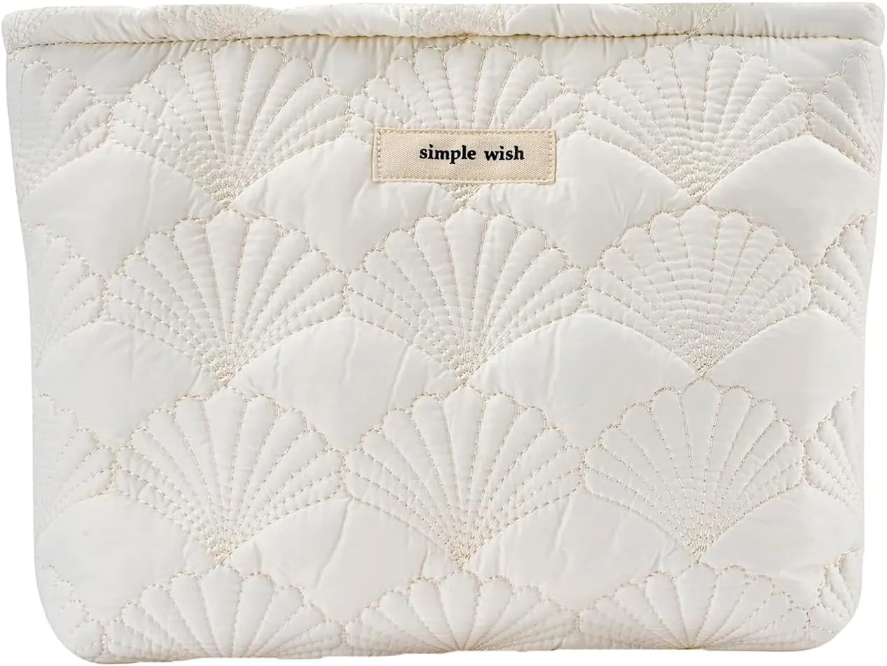 1PCS Quilted Cotton Makeup Bag Portable Travel Bag Cosmetic Bag Aesthetic Shell Toiletry Organizer Case Pouch Bag For Women Girls Pure White Color