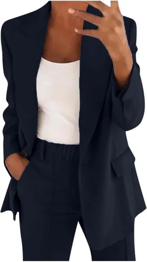 2 Piece Pant Suits for Women Dressy Business Straight Leg Pants Sets Blazer Lapel Comfy Loose Fit Plus Size Outfits