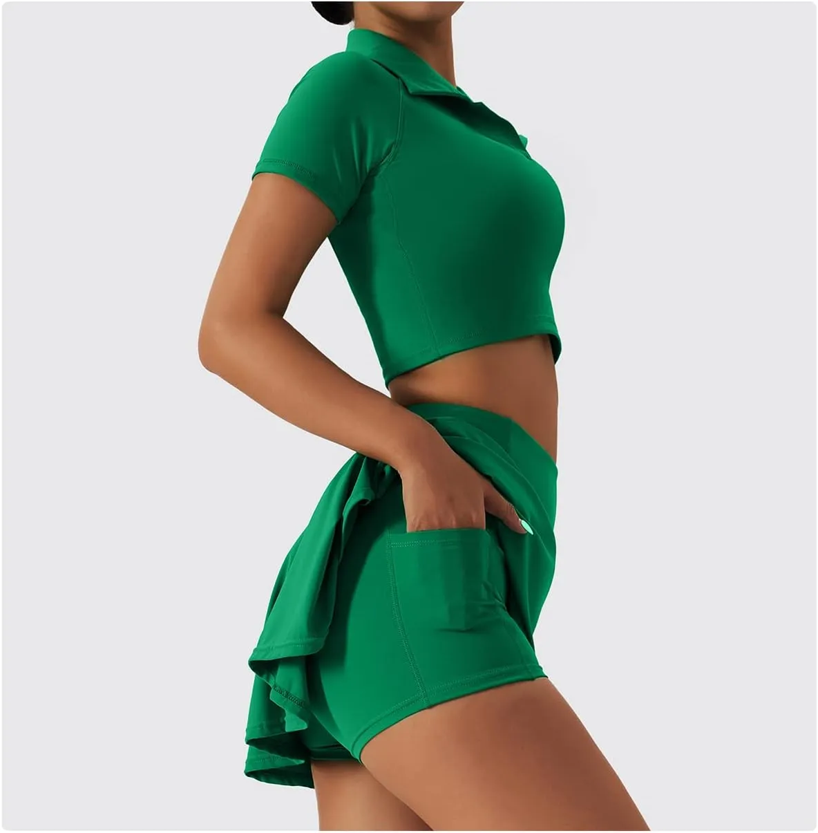 2 Piece Tennis Dress for Women High Waist Pleated Tennis Skirt with Shorts Short Sleeve Crop Golf Workout Skirts Sets