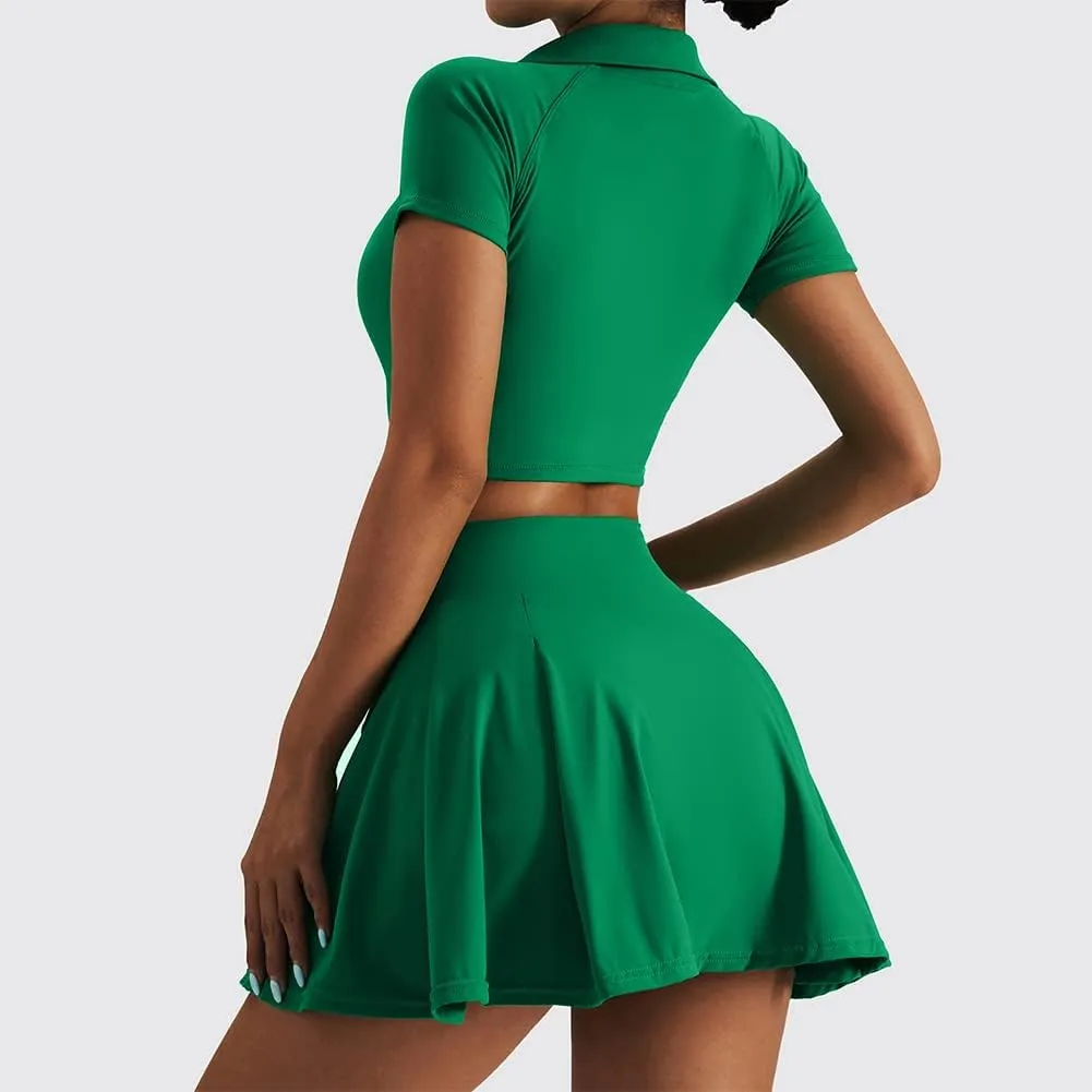 2 Piece Tennis Dress for Women High Waist Pleated Tennis Skirt with Shorts Short Sleeve Crop Golf Workout Skirts Sets