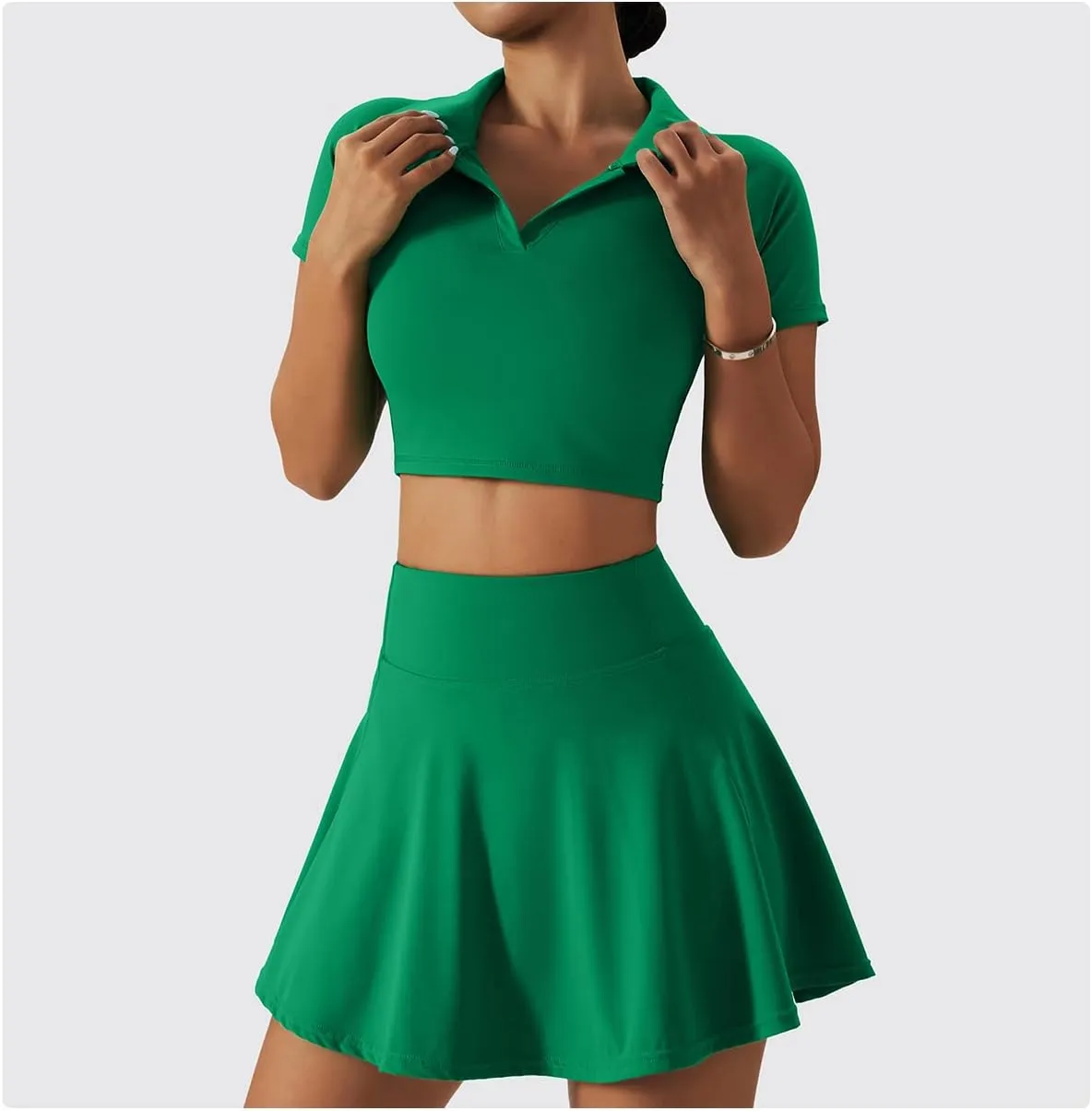 2 Piece Tennis Dress for Women High Waist Pleated Tennis Skirt with Shorts Short Sleeve Crop Golf Workout Skirts Sets