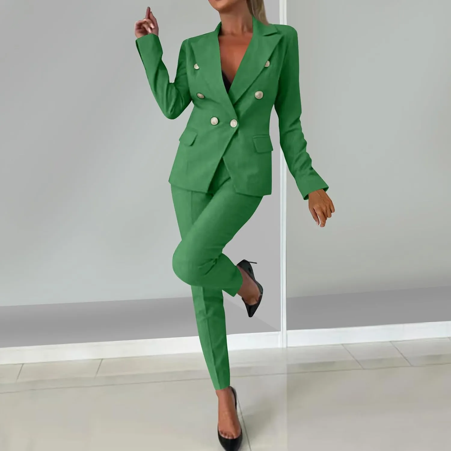 2 Piece Work Sets for Women Fashion Double Breasted Slim Fit Business Casual Blazer Set Dressy Blazer Jacket and Pant