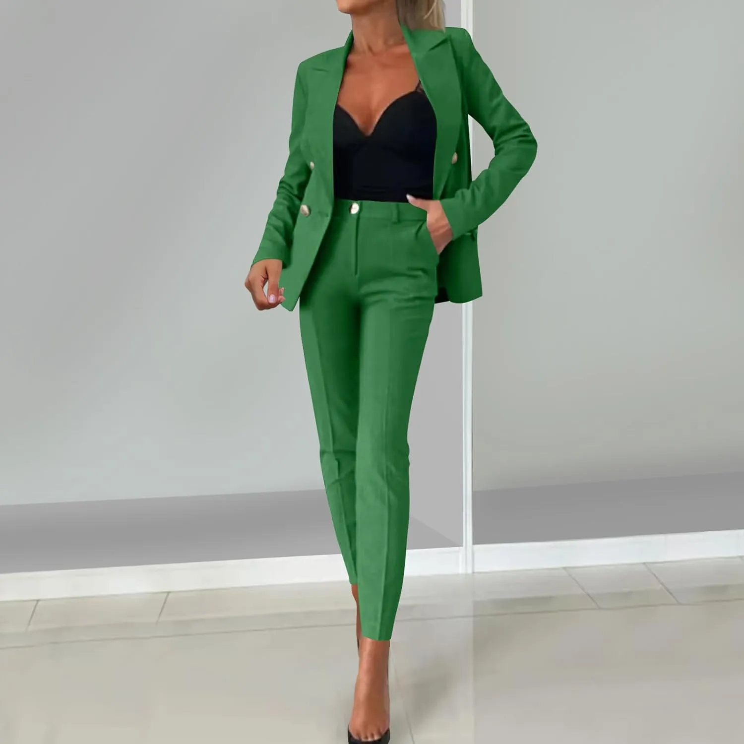 2 Piece Work Sets for Women Fashion Double Breasted Slim Fit Business Casual Blazer Set Dressy Blazer Jacket and Pant