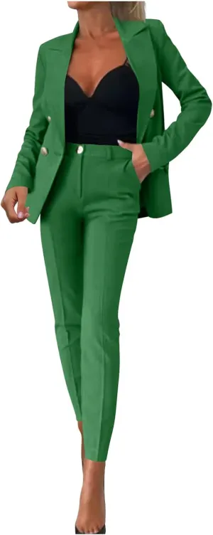2 Piece Work Sets for Women Fashion Double Breasted Slim Fit Business Casual Blazer Set Dressy Blazer Jacket and Pant
