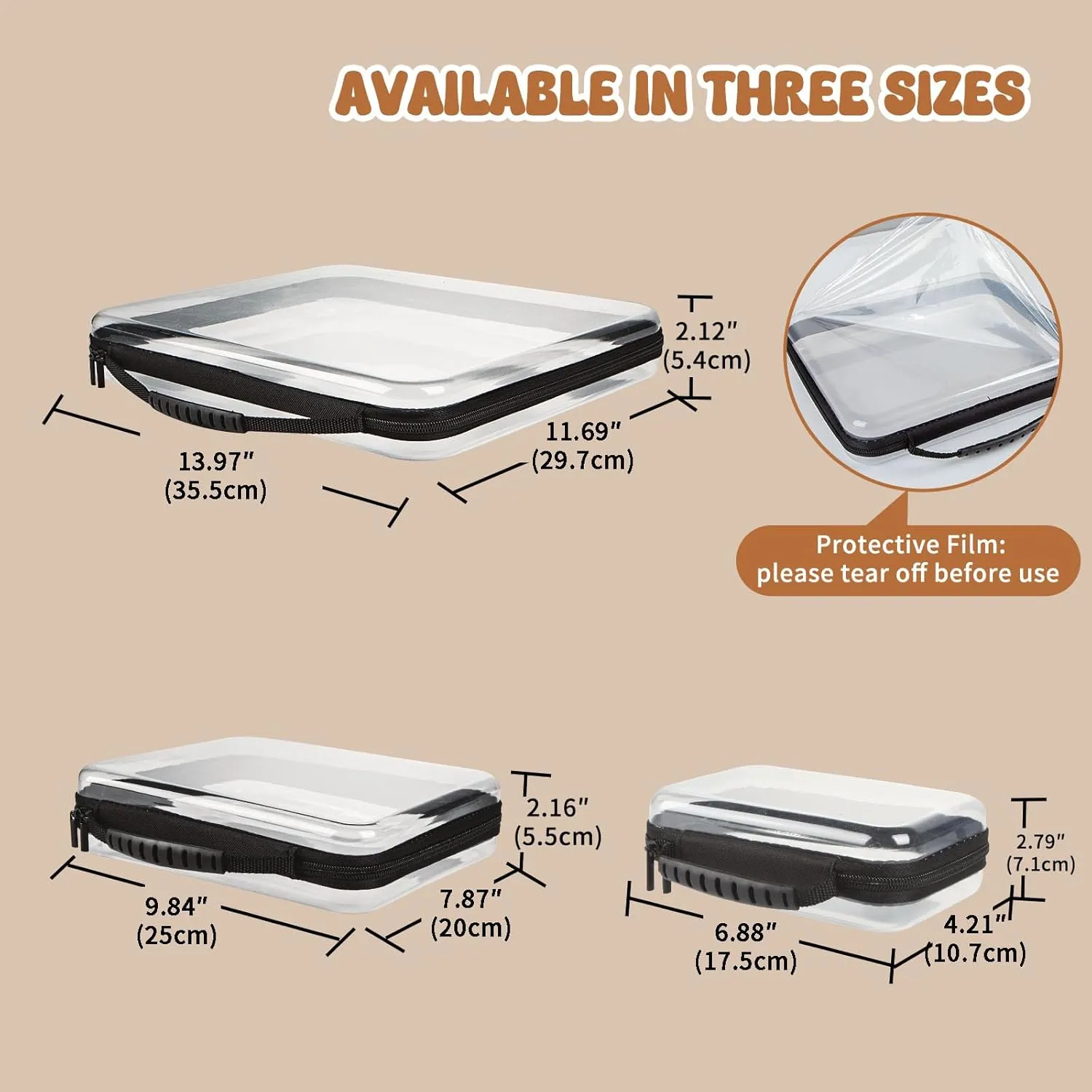 3 Pack Large Zippered Hard Shell Pouch,Clear Plastic Case,Hard Sided Case for Storage Bags,Portable Waterproof Diaper Bag Cosmetic Bag(3 Pcs-XL L S) Black