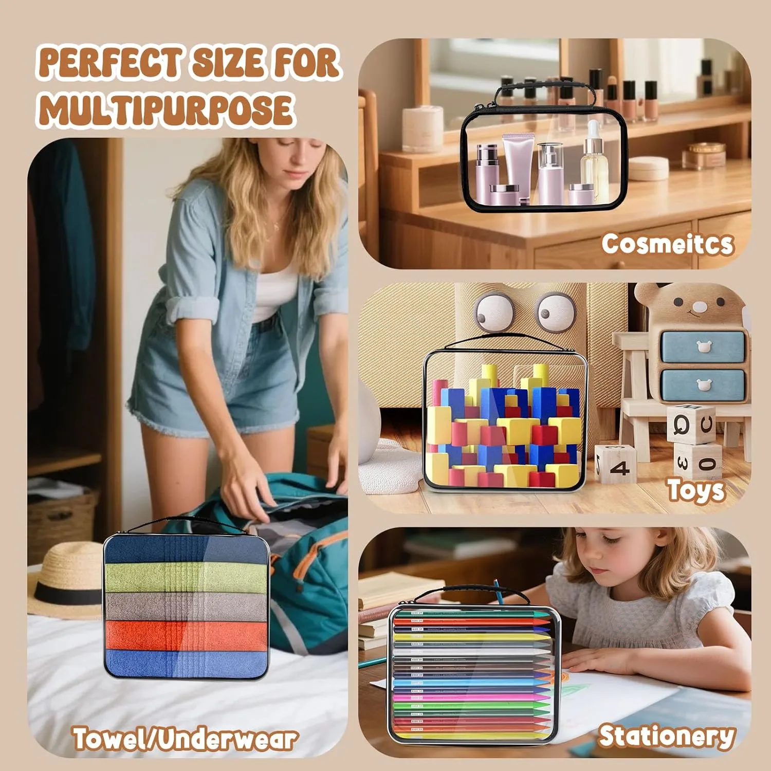 3 Pack Large Zippered Hard Shell Pouch,Clear Plastic Case,Hard Sided Case for Storage Bags,Portable Waterproof Diaper Bag Cosmetic Bag(3 Pcs-XL L S) Black