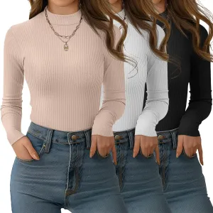 3 Pack Women's Mock Neck Tops, Fitted Ribbed Turtleneck Shirts 2025 Trendy Long Sleeve Knit Thermal Undershirts Tee