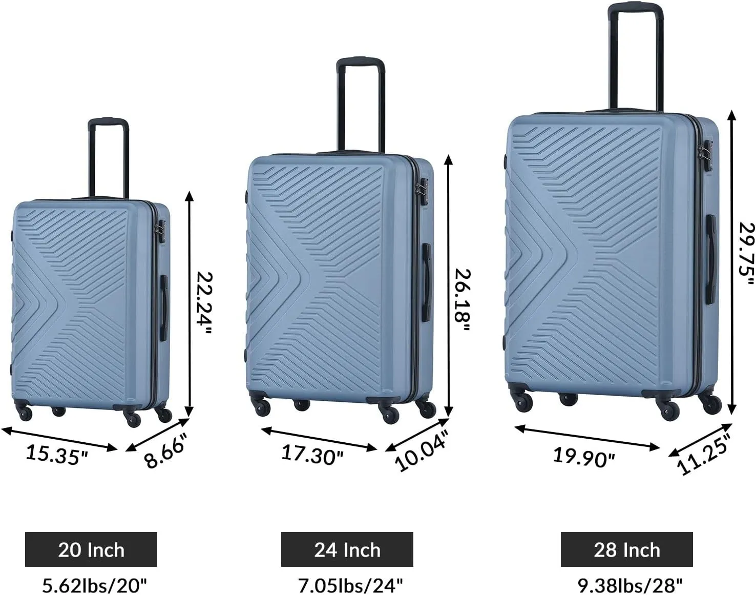 3 Piece Luggage Sets Lightweight Suitcase with 2 Hooks,Spinner Wheels & TSA Lock,for Travel & Business(20"/24"/28"). (Blue)