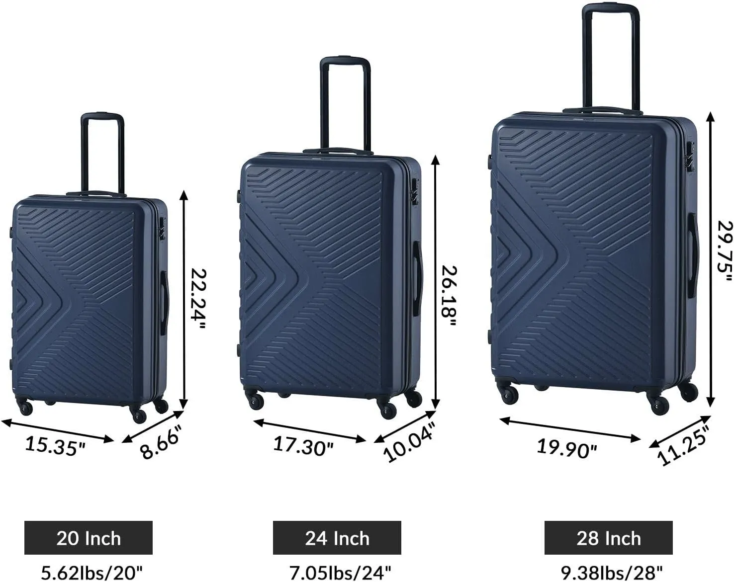 3 Piece Luggage Sets Lightweight Suitcase with 2 Hooks,Spinner Wheels & TSA Lock,for Travel & Business(20"/24"/28"). (Navy)