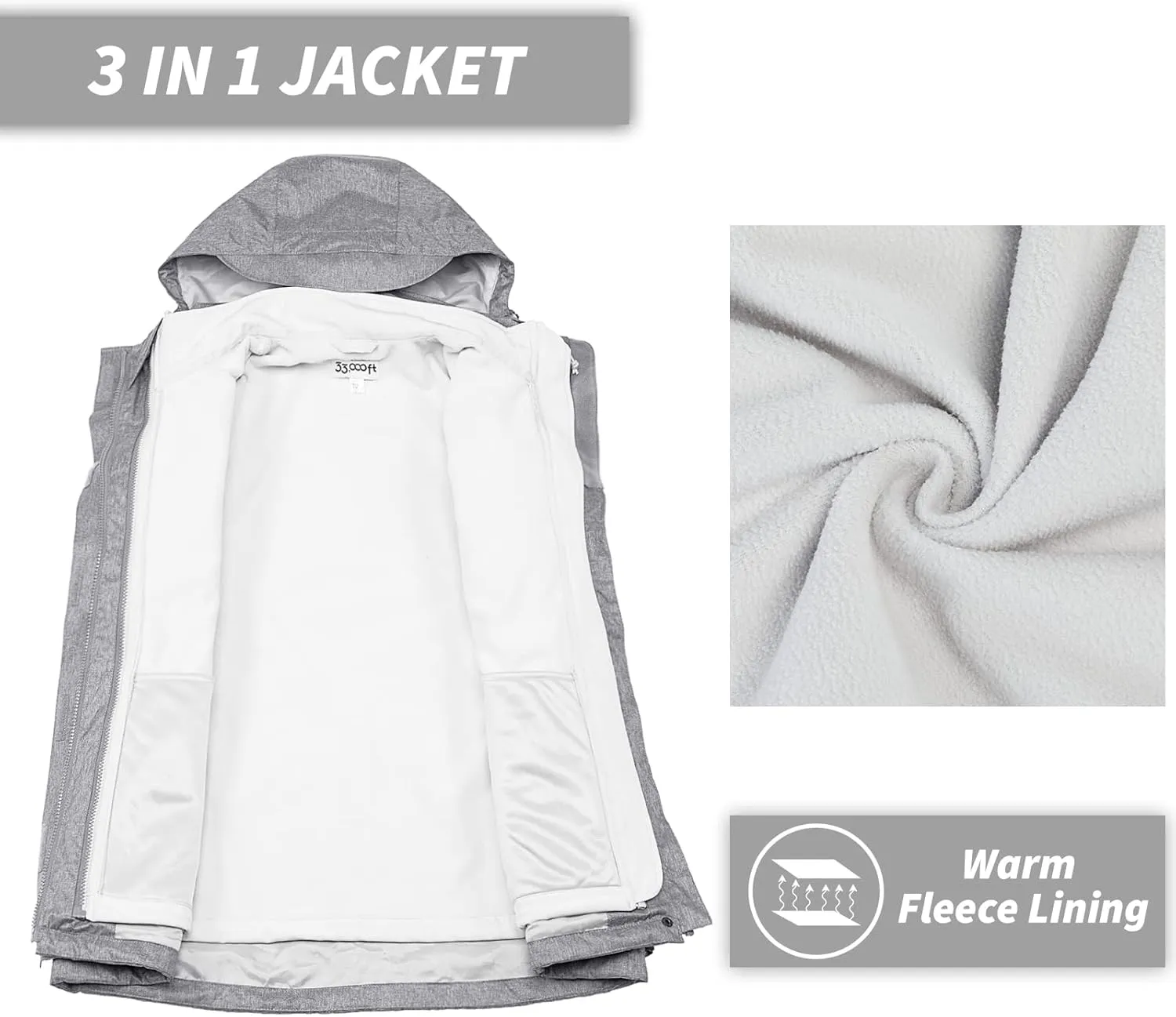 33,000ft Women's 3 in 1 Hooded Waterproof Coat Winter Ski Hiking Rain Jacket Softshell Fleece Lined Raincoat Windbreaker