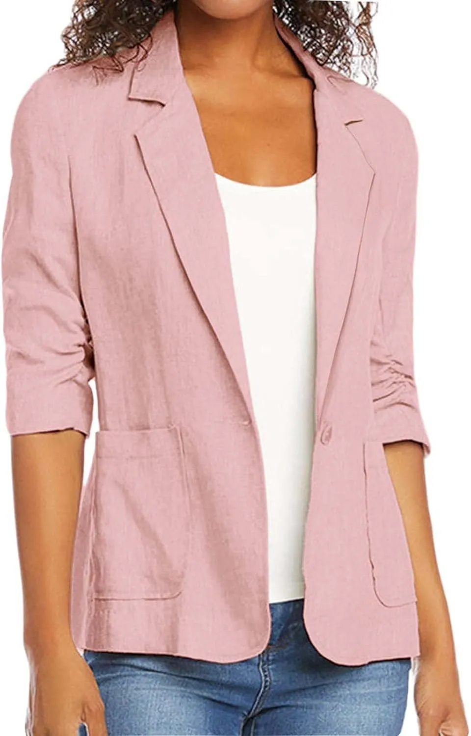 3/4 Ruched Sleeve Blazer for Women Long Sleeve Open Front Notched Collar Jacket One Button Cotton Linen Cardigan Coats
