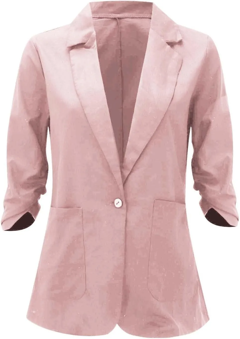 3/4 Ruched Sleeve Blazer for Women Long Sleeve Open Front Notched Collar Jacket One Button Cotton Linen Cardigan Coats