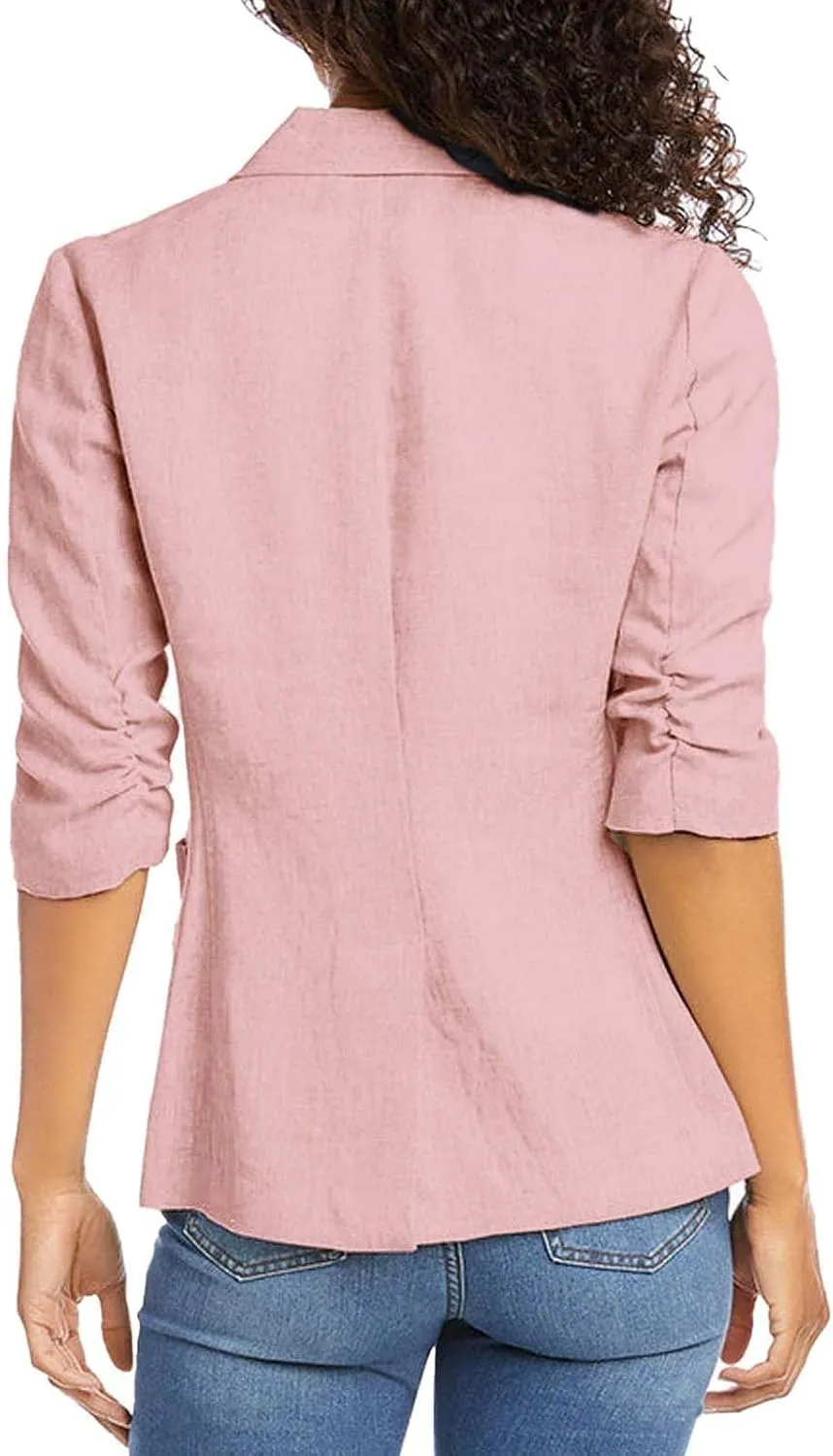 3/4 Ruched Sleeve Blazer for Women Long Sleeve Open Front Notched Collar Jacket One Button Cotton Linen Cardigan Coats
