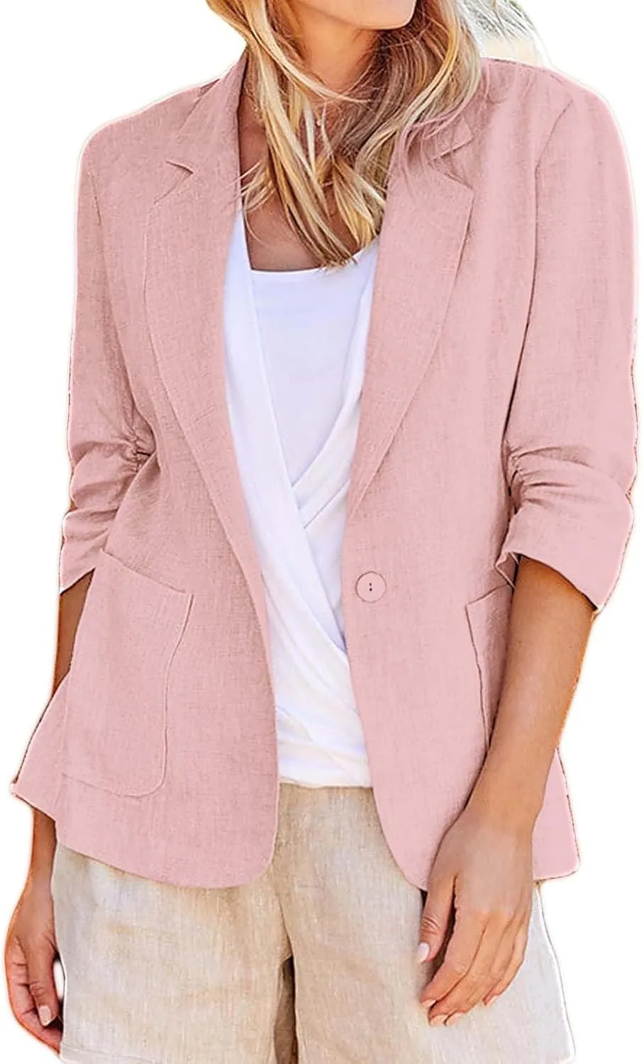 3/4 Ruched Sleeve Blazer for Women Long Sleeve Open Front Notched Collar Jacket One Button Cotton Linen Cardigan Coats