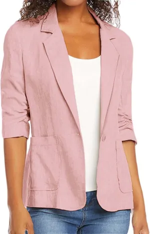 3/4 Ruched Sleeve Blazer for Women Long Sleeve Open Front Notched Collar Jacket One Button Cotton Linen Cardigan Coats