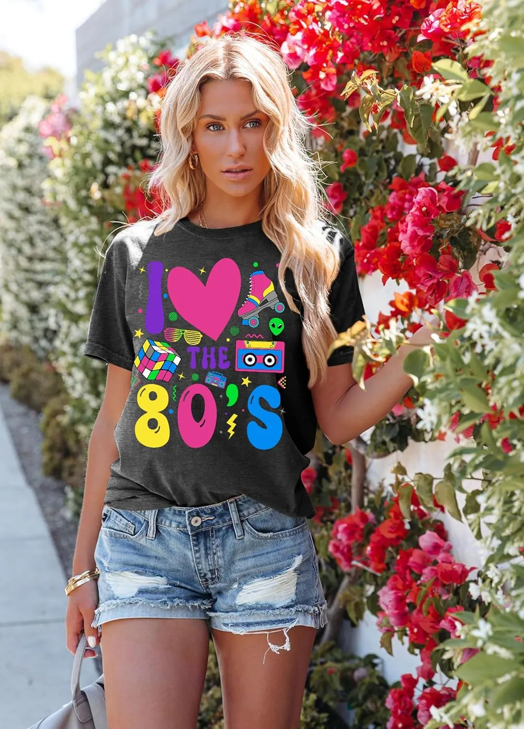 80's Shirts for Women 80s Neon Music Graphic T-Shirt Hip Hop 80S Party Outfits Girls I Love The 80's T-Shirt