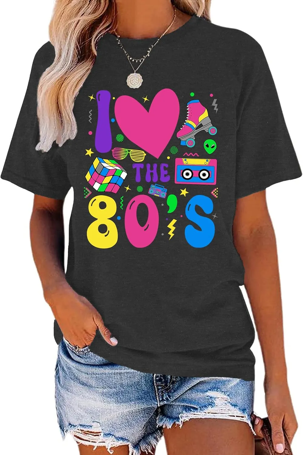 80's Shirts for Women 80s Neon Music Graphic T-Shirt Hip Hop 80S Party Outfits Girls I Love The 80's T-Shirt