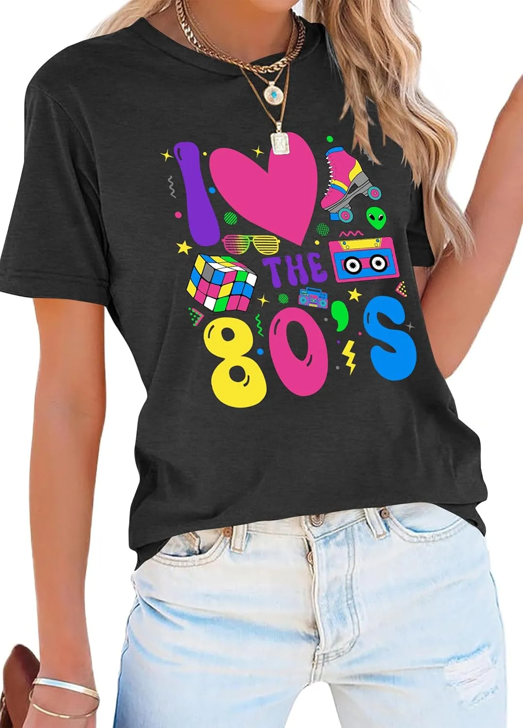 80's Shirts for Women 80s Neon Music Graphic T-Shirt Hip Hop 80S Party Outfits Girls I Love The 80's T-Shirt