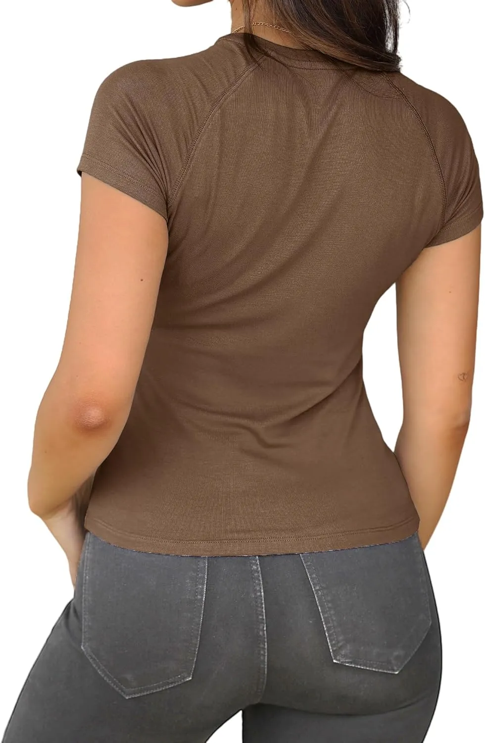 Abardsion 2025 Women Casual Activewear T Shirts Basic Crewneck Raglan Short Sleeve Slim Tight Fit Going Out Tops