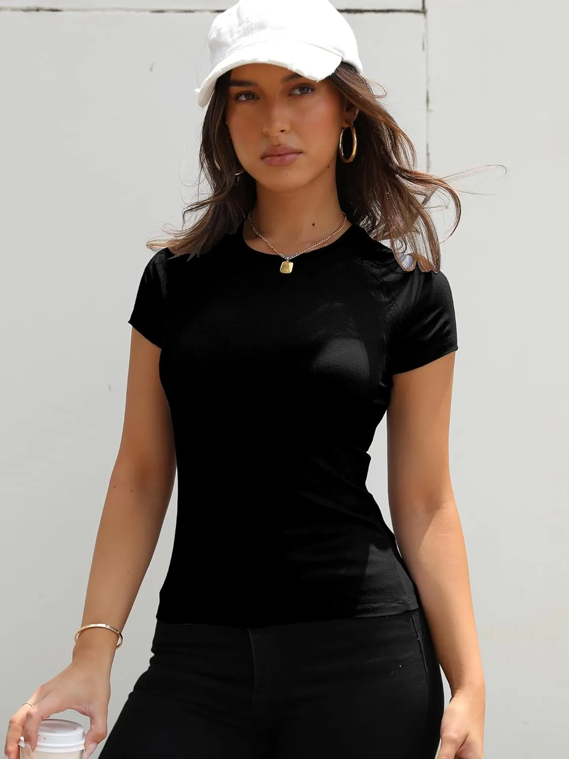 Abardsion 2025 Women Casual Activewear T Shirts Basic Crewneck Raglan Short Sleeve Slim Tight Fit Going Out Tops