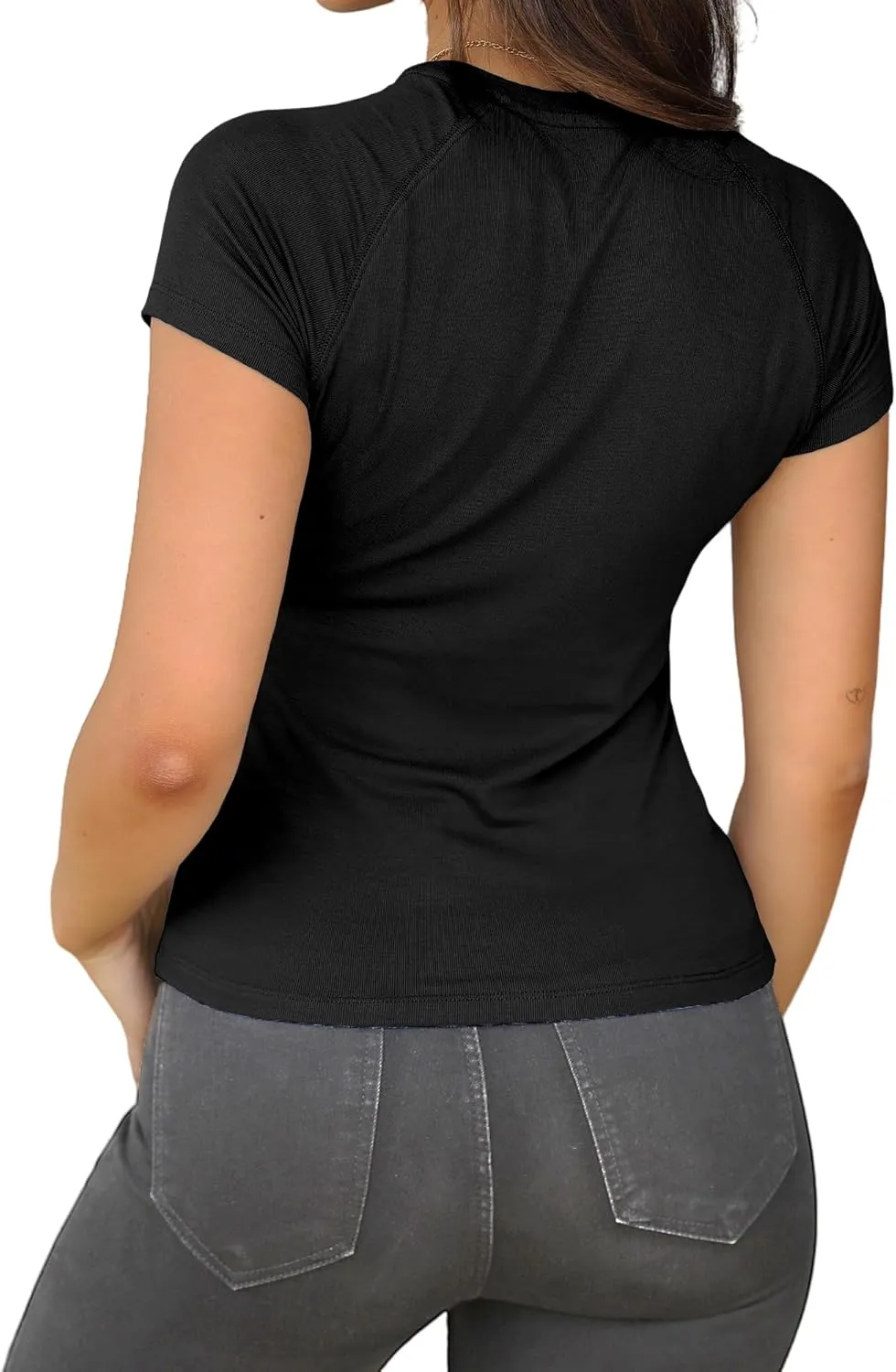 Abardsion 2025 Women Casual Activewear T Shirts Basic Crewneck Raglan Short Sleeve Slim Tight Fit Going Out Tops