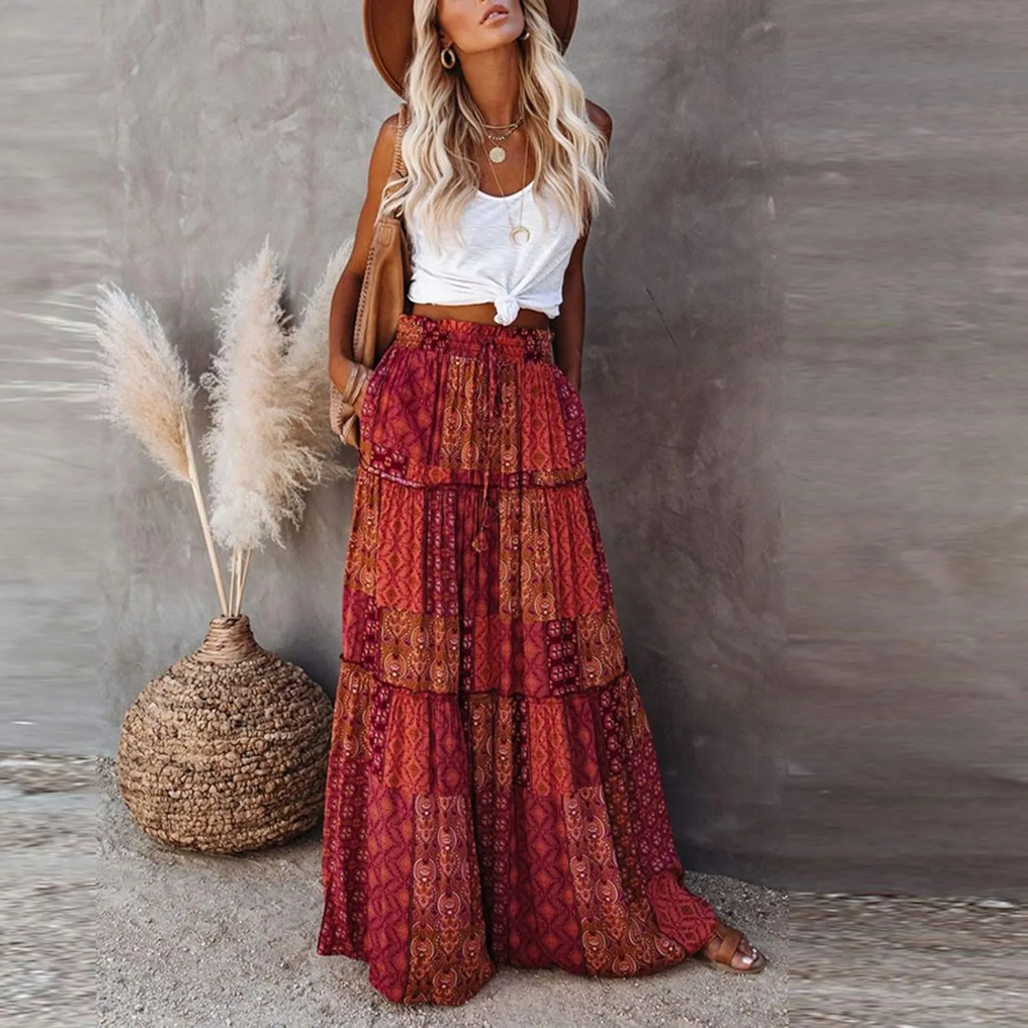 ADHOWBEW Boho Skirts for Women Floral Print African Cotton High Waist Smocked Sexy Beach Skirts