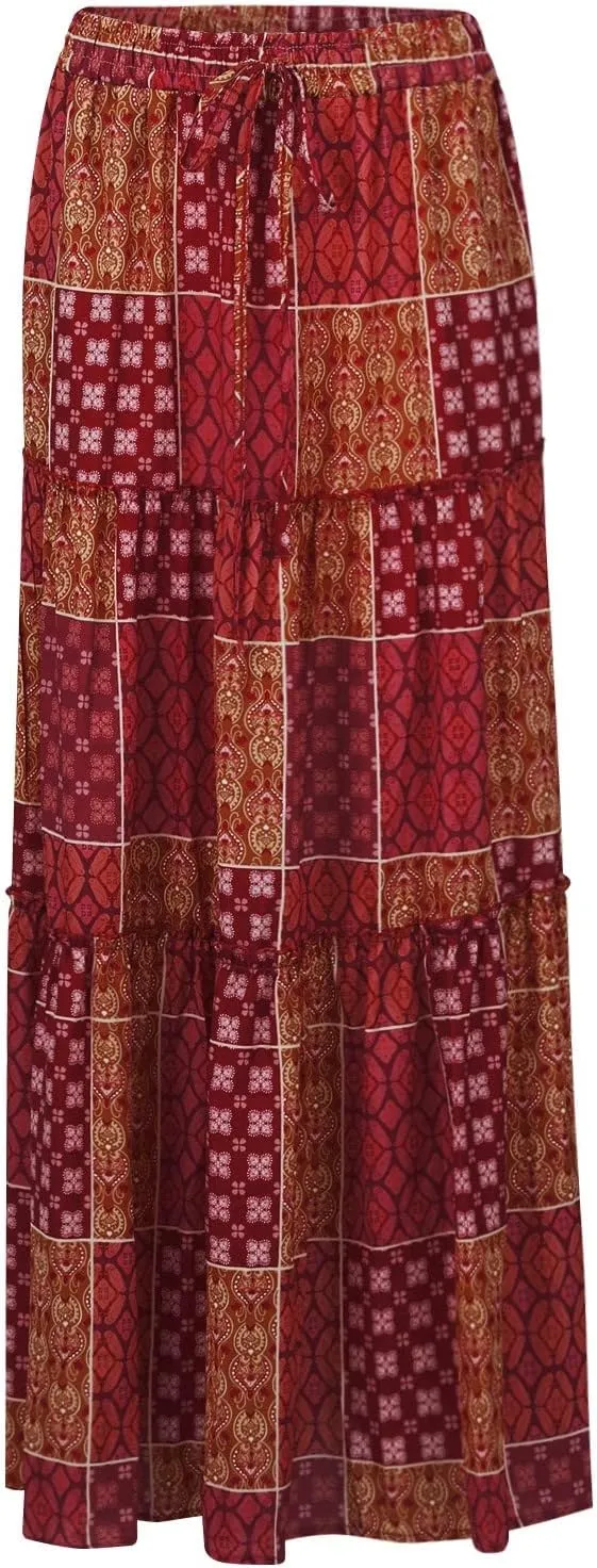 ADHOWBEW Boho Skirts for Women Floral Print African Cotton High Waist Smocked Sexy Beach Skirts