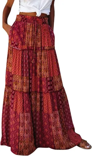 ADHOWBEW Boho Skirts for Women Floral Print African Cotton High Waist Smocked Sexy Beach Skirts