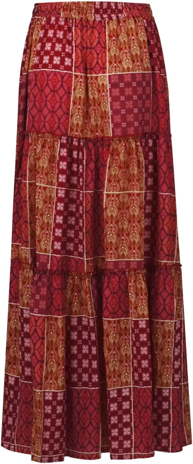 ADHOWBEW Boho Skirts for Women Floral Print African Cotton High Waist Smocked Sexy Beach Skirts