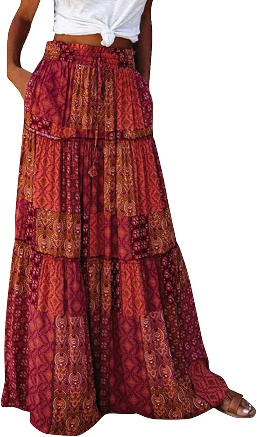 ADHOWBEW Boho Skirts for Women Floral Print African Cotton High Waist Smocked Sexy Beach Skirts