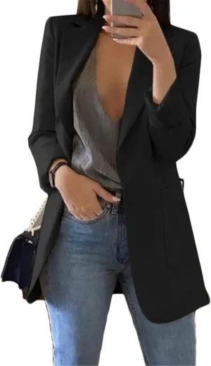 Andongnywell Womens Solid Color Casual Open Front Long Sleeve Work Office Jackets Blazer Suit with Pockets