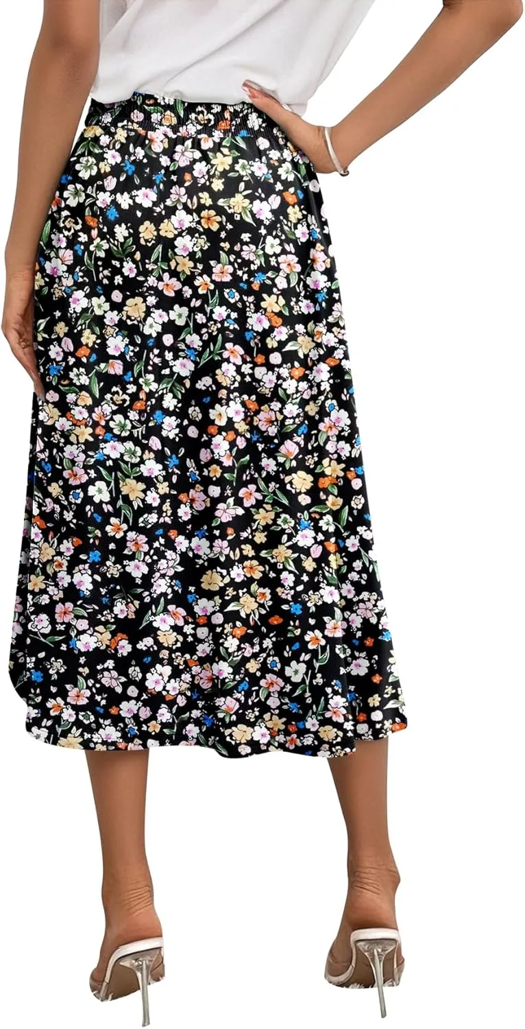 Angerella Womens Skirt Midi High Waist A-Line Casual Floral Print Trendy Bohemia Work Elegant with Pockets