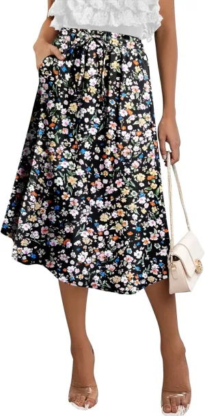 Angerella Womens Skirt Midi High Waist A-Line Casual Floral Print Trendy Bohemia Work Elegant with Pockets
