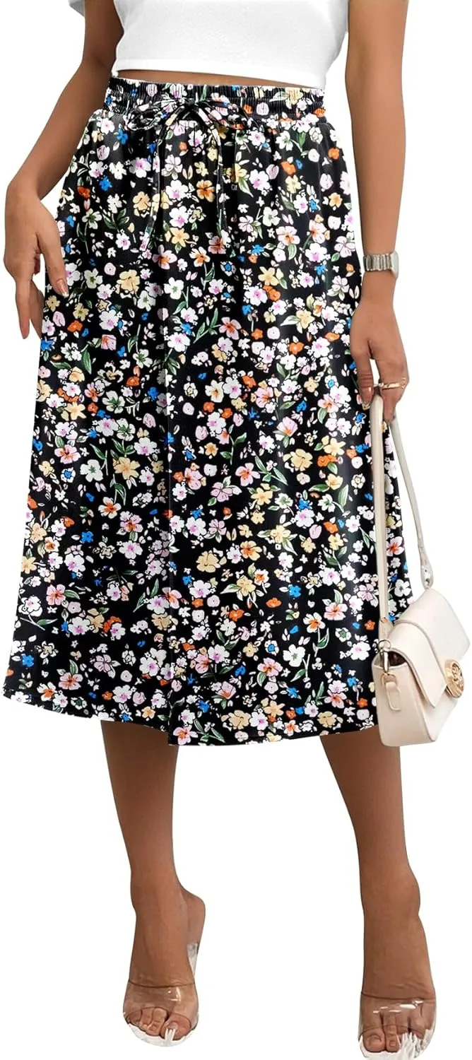 Angerella Womens Skirt Midi High Waist A-Line Casual Floral Print Trendy Bohemia Work Elegant with Pockets