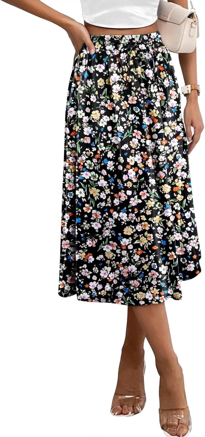 Angerella Womens Skirt Midi High Waist A-Line Casual Floral Print Trendy Bohemia Work Elegant with Pockets