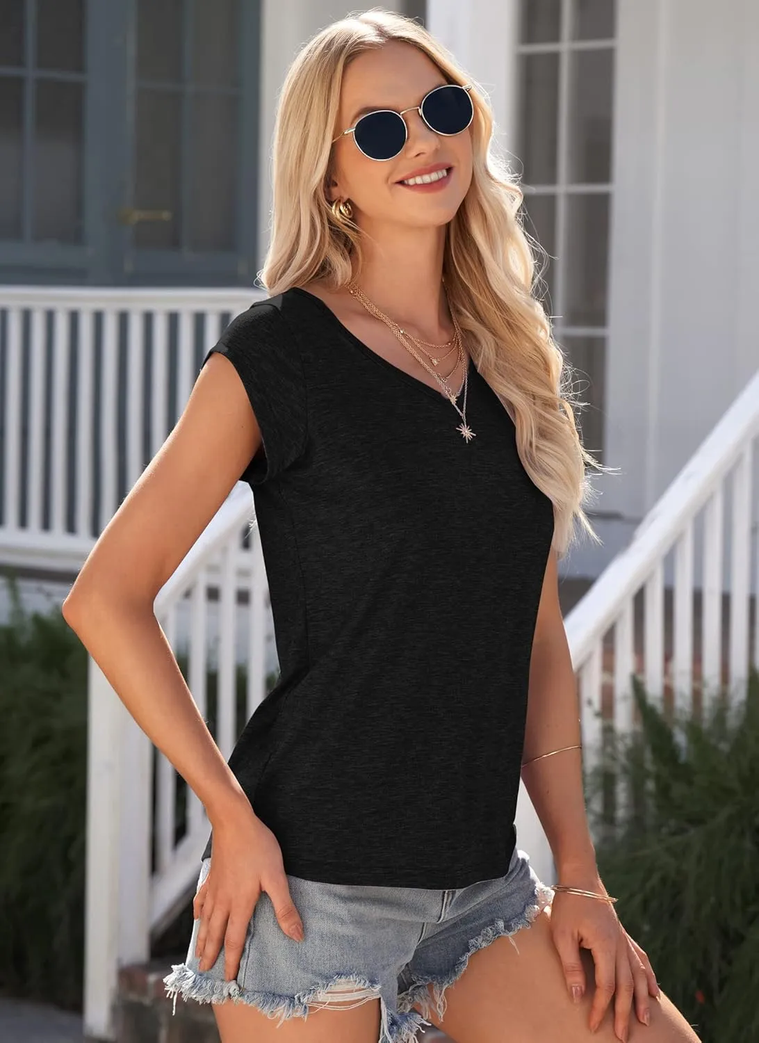 AUSELILY Womens Cap Sleeve T-Shirt Casual Loose Fit Tank Tops