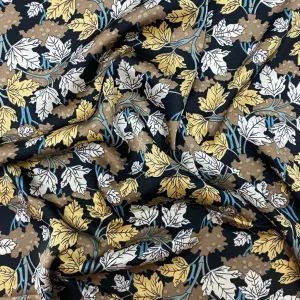 Autumn Leaves on Black Satin Fabric