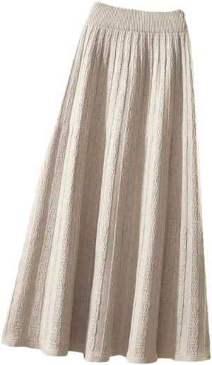 Autumn Winter Thick Mid Length Knitted Skirt Women High Waist A Line Midi Solid Color Pleated Skirt