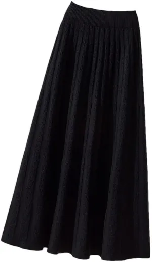 Autumn Winter Thick Mid Length Knitted Skirt Women High Waist A Line Midi Solid Color Pleated Skirt