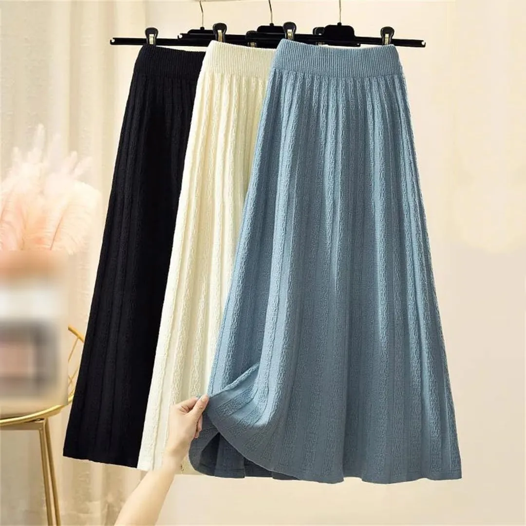 Autumn Winter Thick Mid Length Knitted Skirt Women High Waist A Line Midi Solid Color Pleated Skirt