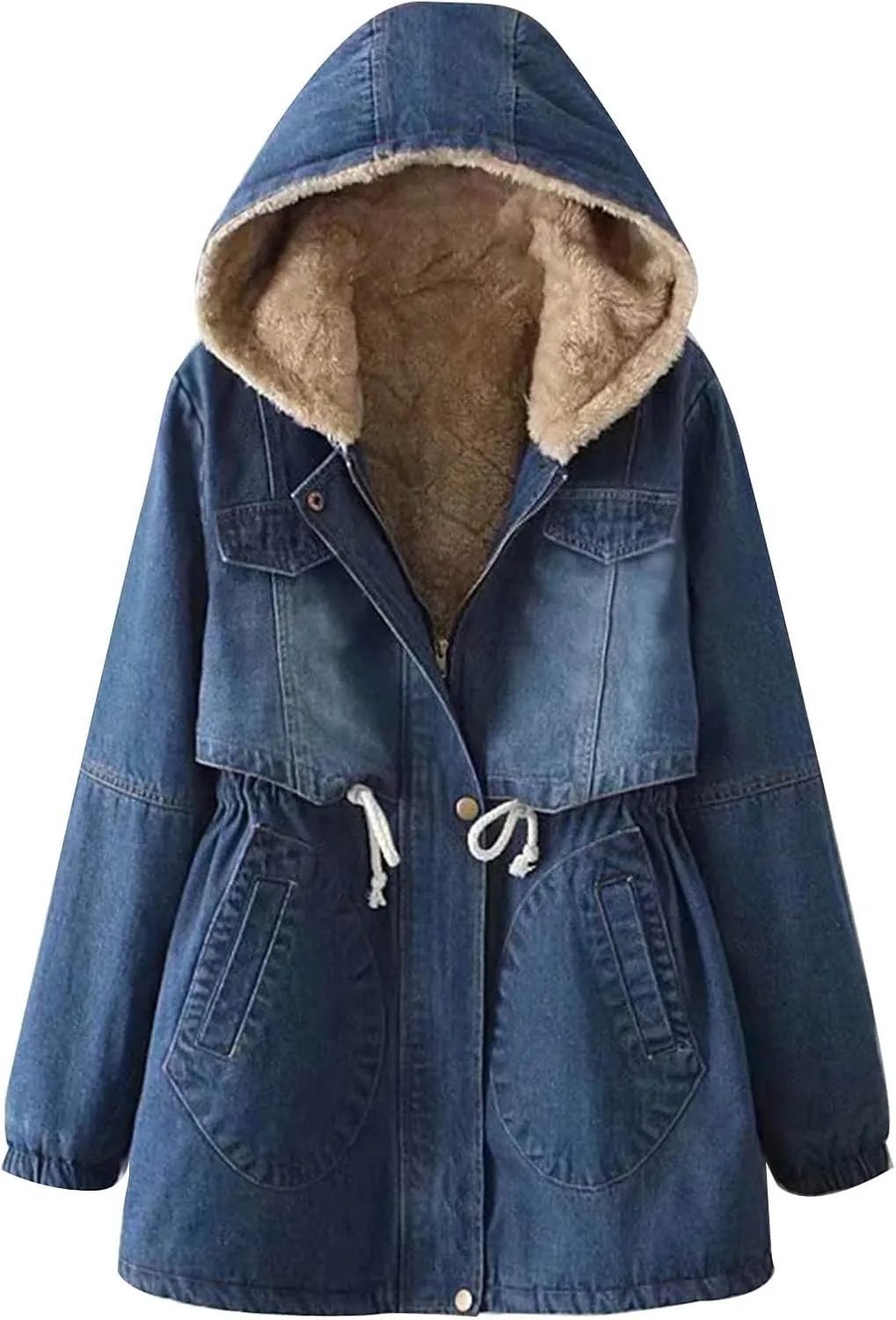 Binmer Womens Fleece Lined Denim Jacket Trendy Zip Front Hoodie Jean Outwear Fall Winter Fashion Warm Waist Drawstring Coat