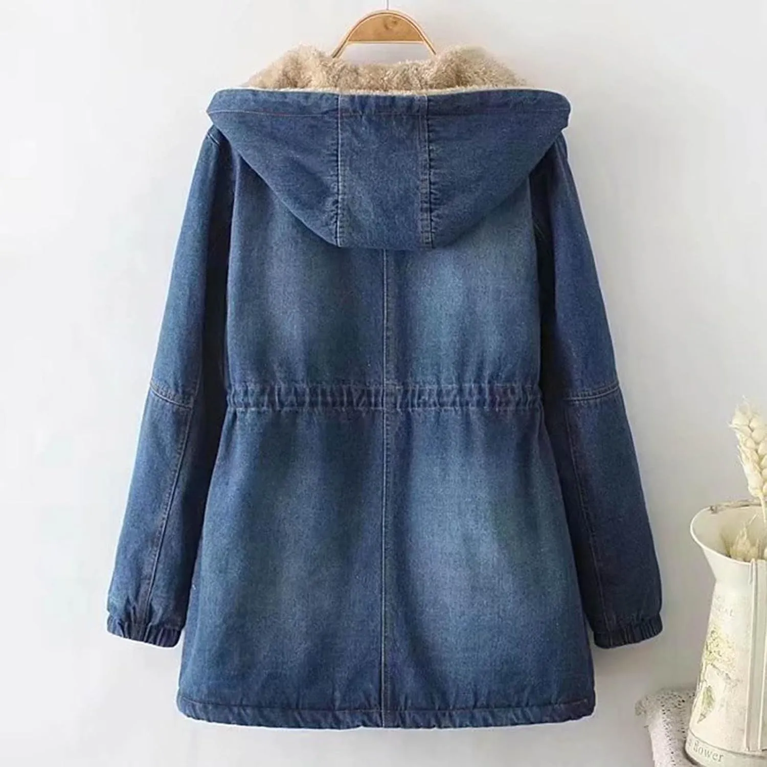Binmer Womens Fleece Lined Denim Jacket Trendy Zip Front Hoodie Jean Outwear Fall Winter Fashion Warm Waist Drawstring Coat