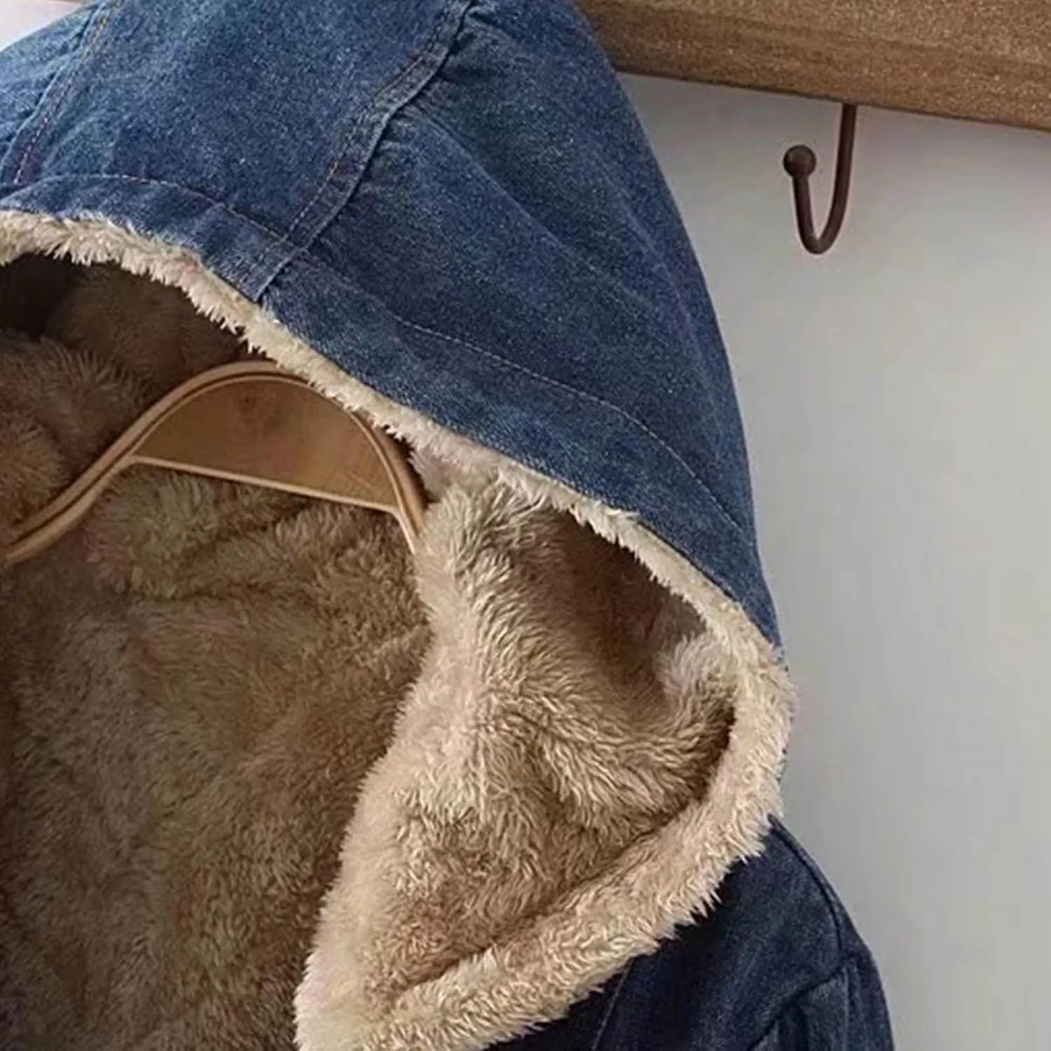 Binmer Womens Fleece Lined Denim Jacket Trendy Zip Front Hoodie Jean Outwear Fall Winter Fashion Warm Waist Drawstring Coat
