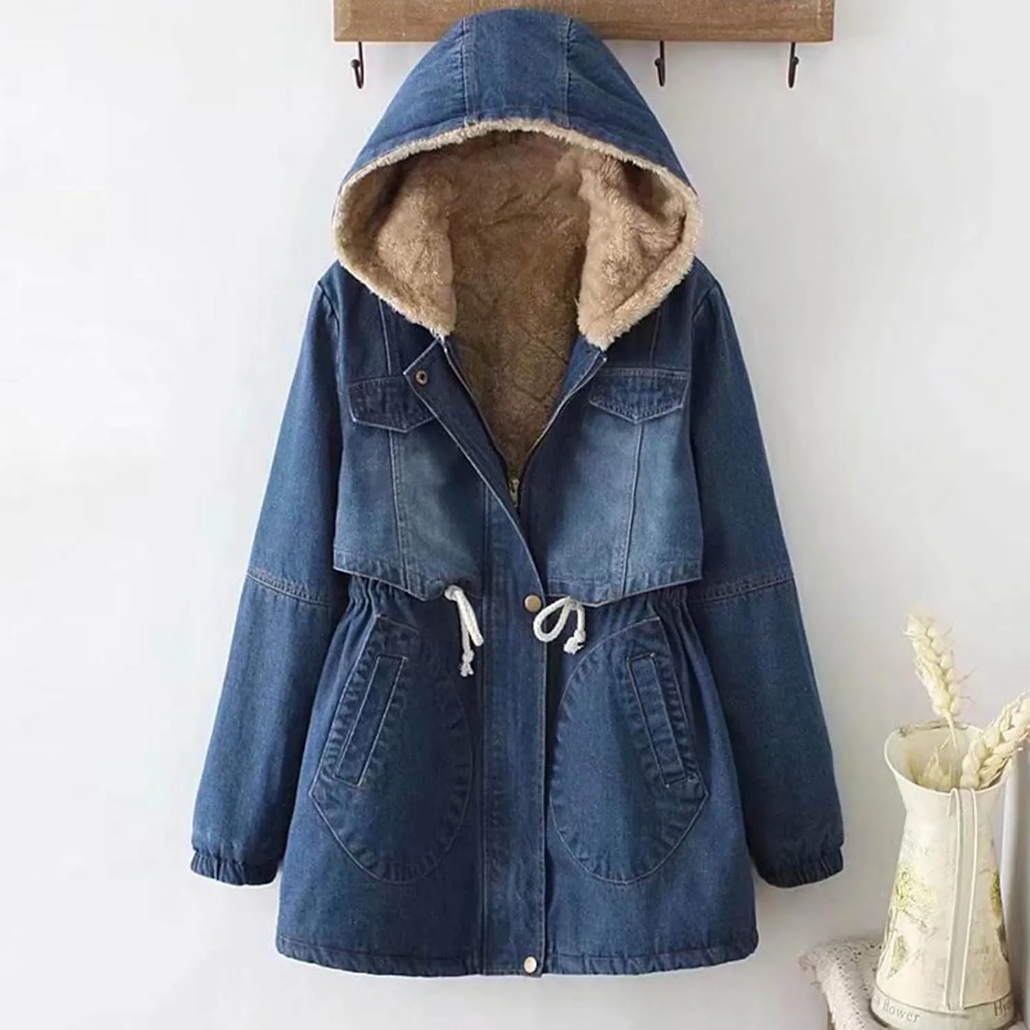 Binmer Womens Fleece Lined Denim Jacket Trendy Zip Front Hoodie Jean Outwear Fall Winter Fashion Warm Waist Drawstring Coat