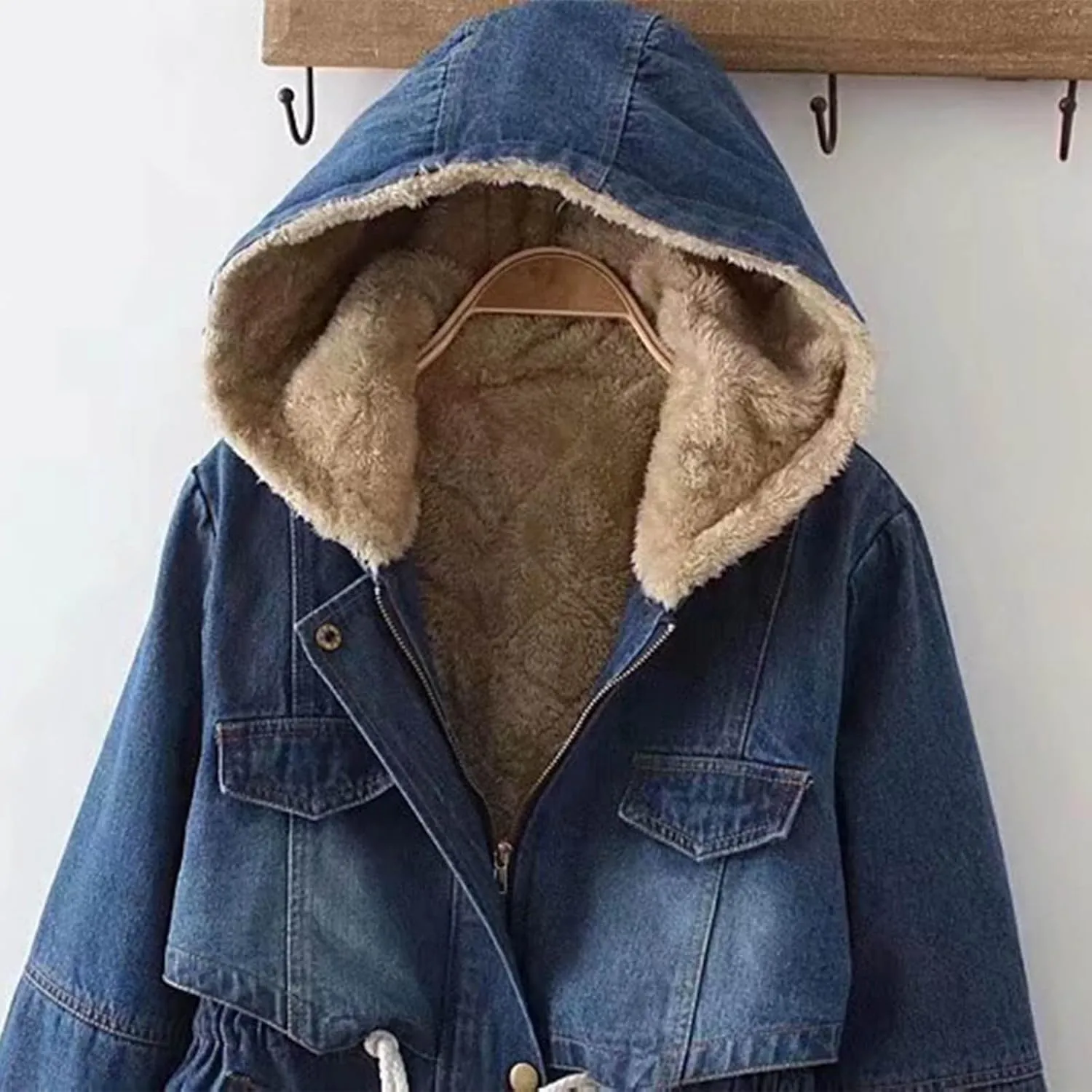 Binmer Womens Fleece Lined Denim Jacket Trendy Zip Front Hoodie Jean Outwear Fall Winter Fashion Warm Waist Drawstring Coat