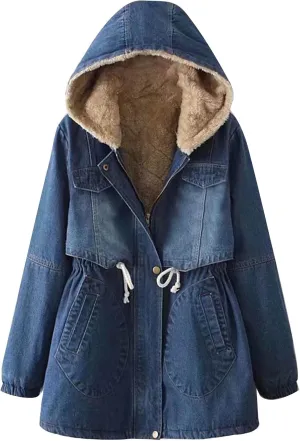 Binmer Womens Fleece Lined Denim Jacket Trendy Zip Front Hoodie Jean Outwear Fall Winter Fashion Warm Waist Drawstring Coat