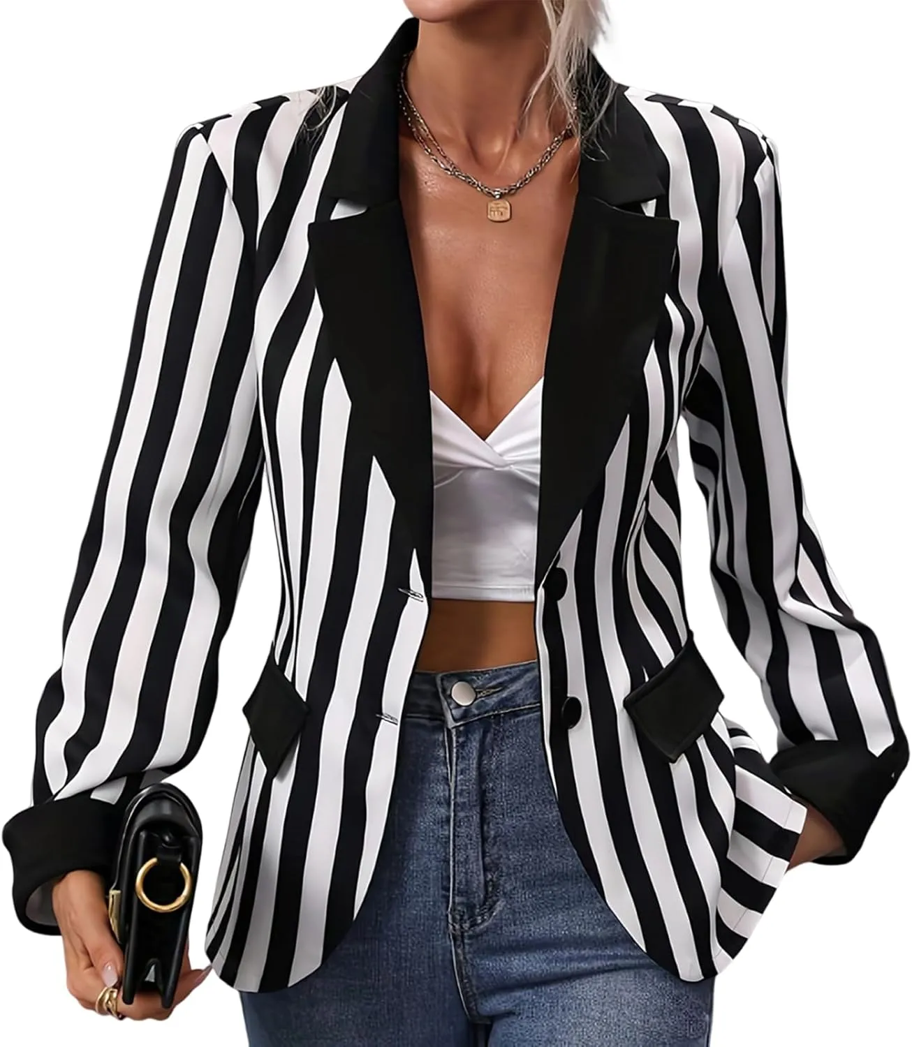 Black Blazer Jacket for Women Long Sleeve Single-Breasted Button Striped Blazers Business Office Blazer