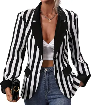 Black Blazer Jacket for Women Long Sleeve Single-Breasted Button Striped Blazers Business Office Blazer