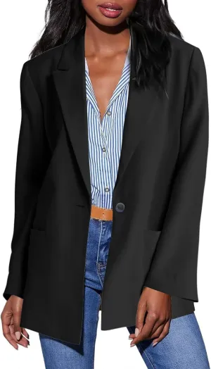 Blazer Jackets for Women Long Sleeved Relaxed Fit Office Work Suit Jackets Solid Lapel Open Front Coat with Pockets