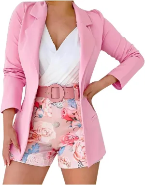 Blazer Sets Women 3 Piece Outfits Long Sleeve Open Front Blazer Jacket Floral Print Short Pants with Belt Work Office Suit
